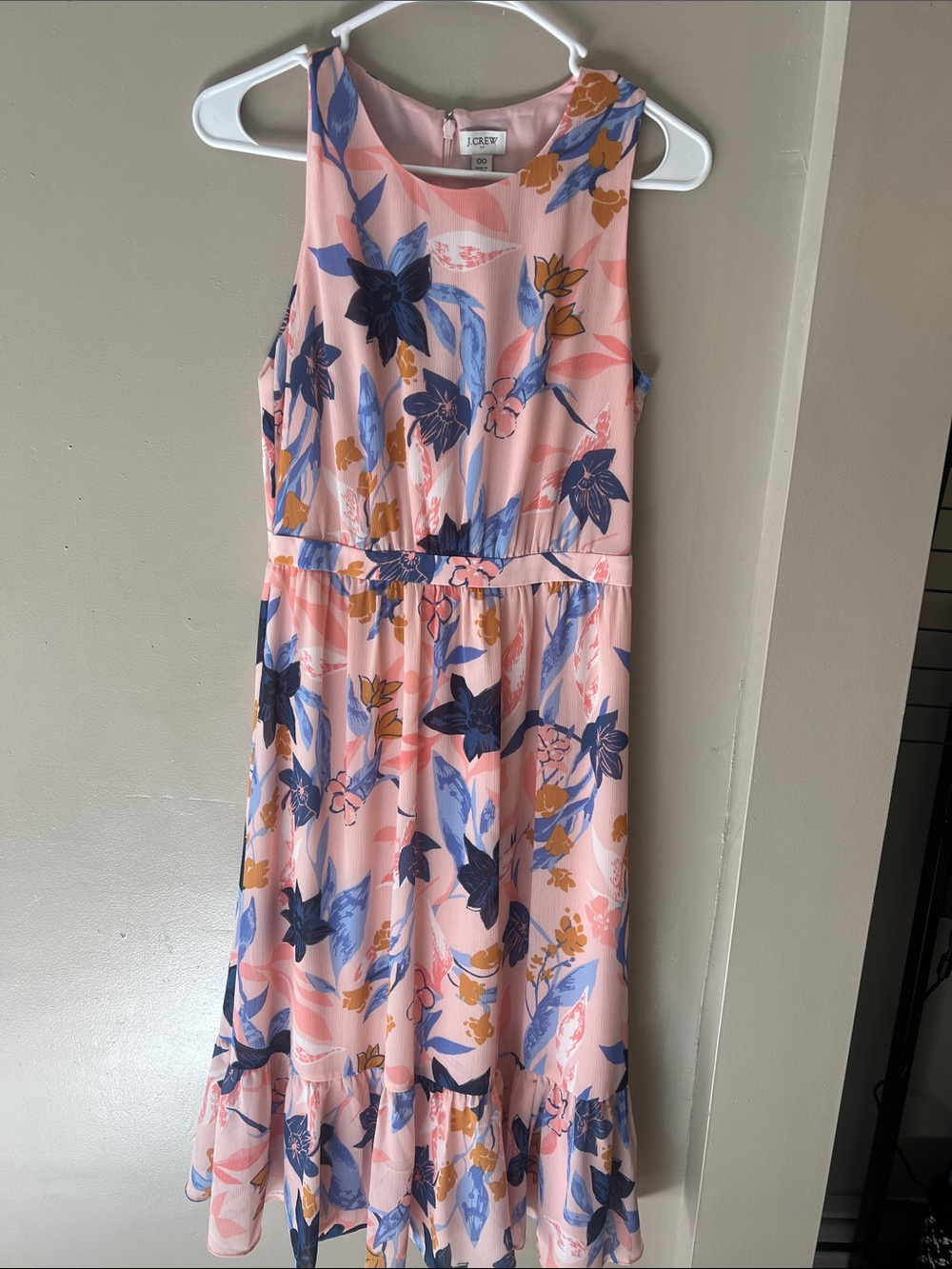 J. Crew Pink Floral A-Line Casual Dress with Navy and Mustard Accents